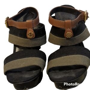 Tory Burch platform heels.  Olive and black with brown ankle strap. Size 9
